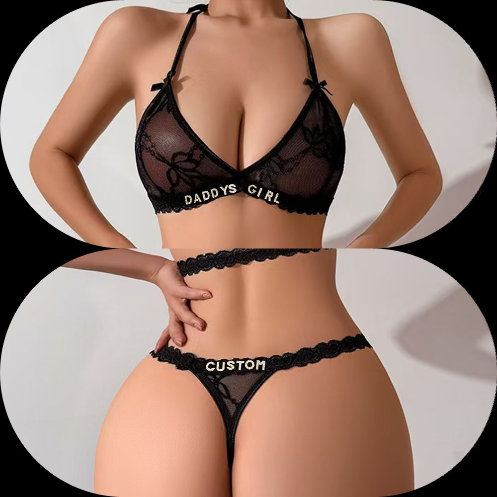 Custom Sexy Lace Thongs with Names Bra Set