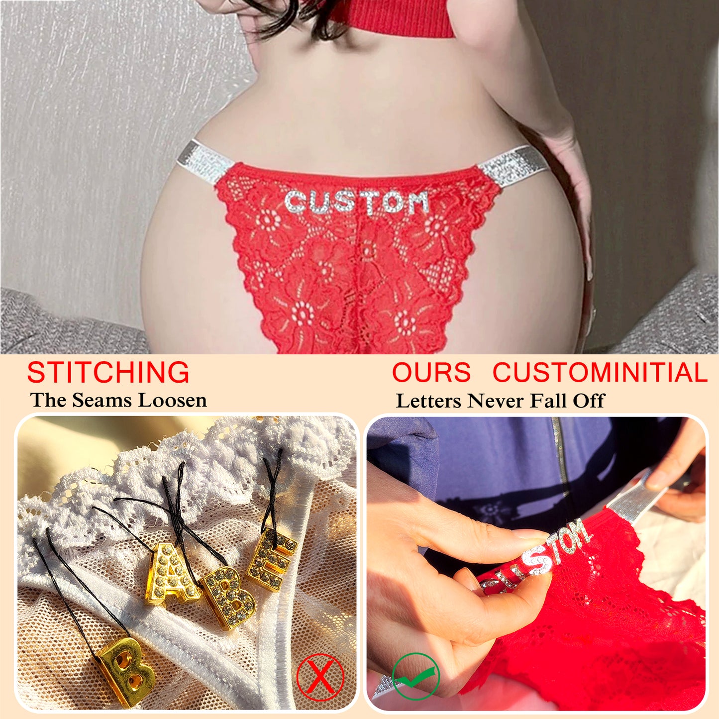 Sexy Custom crystal letters lace thong