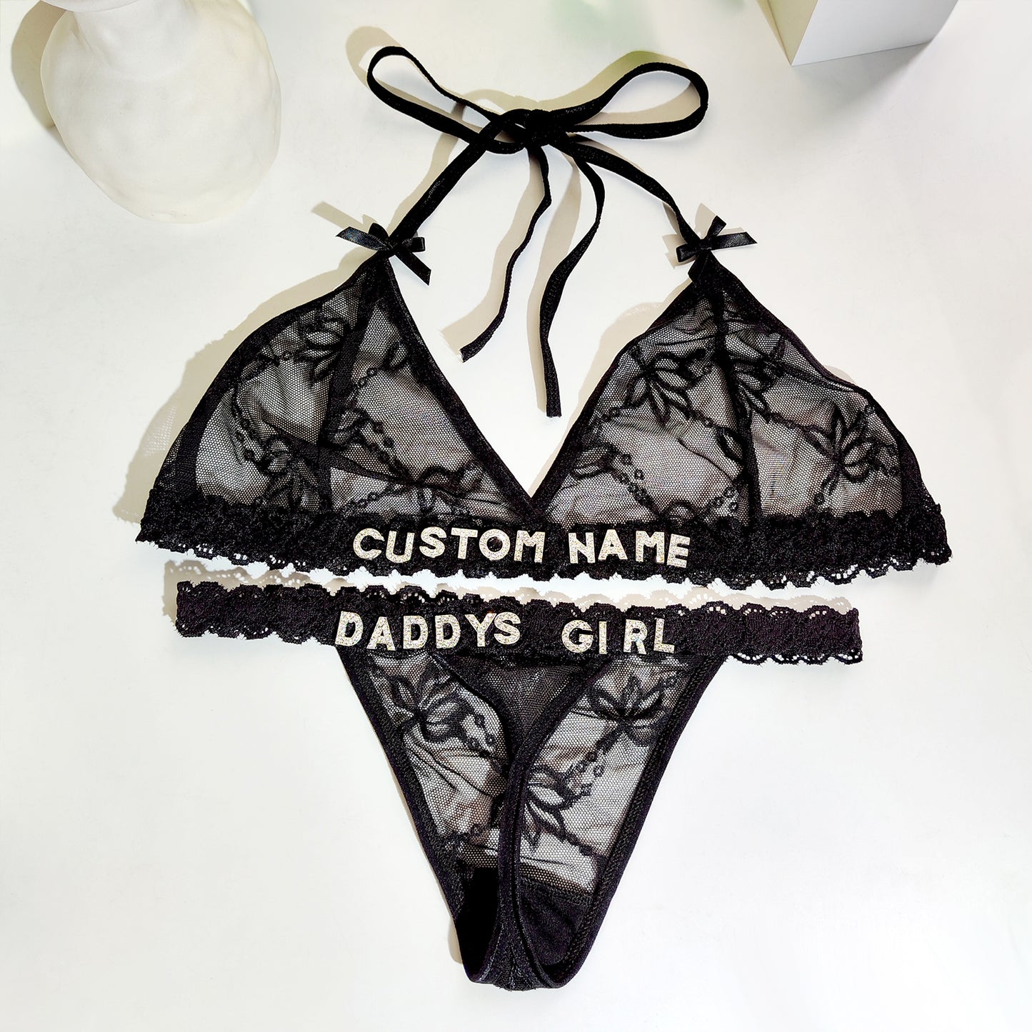 Custom Sexy Lace Thongs with Names Bra Set