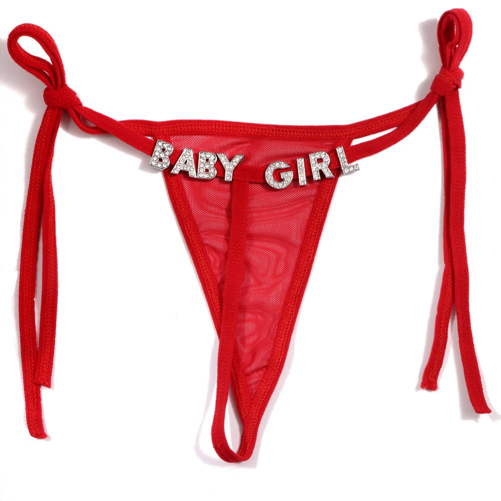 Sexy custom crystal letter thong with knot closure