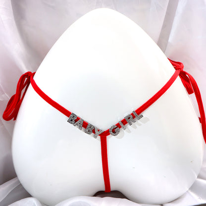 Sexy custom crystal letter thong with knot closure