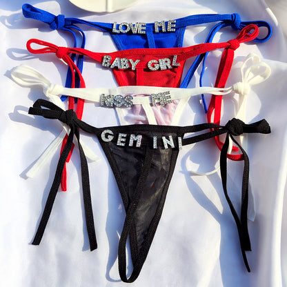Sexy custom crystal letter thong with knot closure